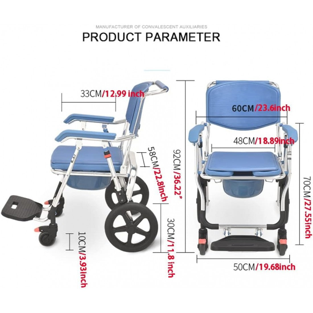 3 in 1 Folding Shower Wheelchair Bedside Commode with Pail Soft Cushion Backrest Locking Wheels - Cure Clouds -null