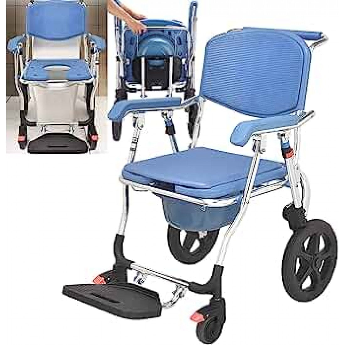 3 in 1 Folding Shower Wheelchair Bedside Commode with Pail Soft Cushion Backrest Locking Wheels - Cure Clouds -null