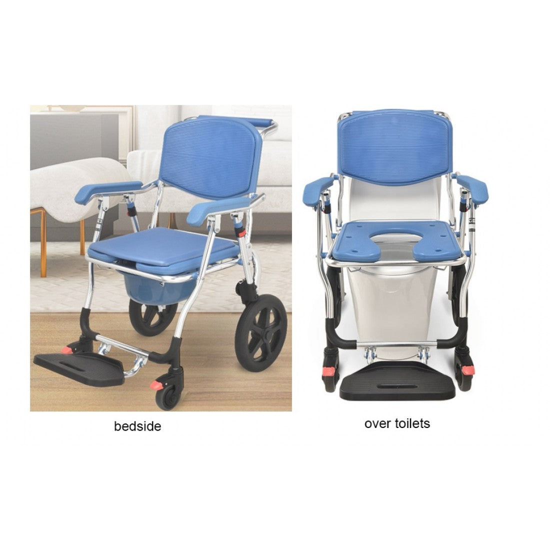 3 in 1 Folding Shower Wheelchair Bedside Commode with Pail Soft Cushion Backrest Locking Wheels - Cure Clouds -null