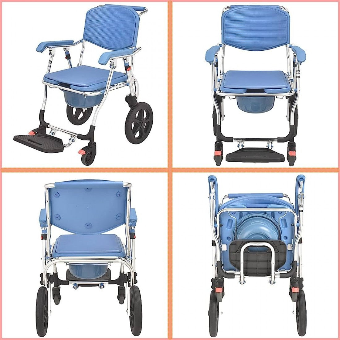 3 in 1 Folding Shower Wheelchair Bedside Commode with Pail Soft Cushion Backrest Locking Wheels - Cure Clouds -null