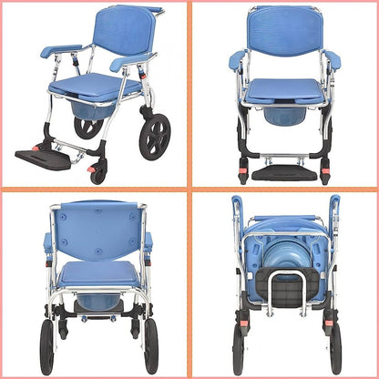 3 in 1 Folding Shower Wheelchair Bedside Commode with Pail Soft Cushion Backrest Locking Wheels - Cure Clouds -null