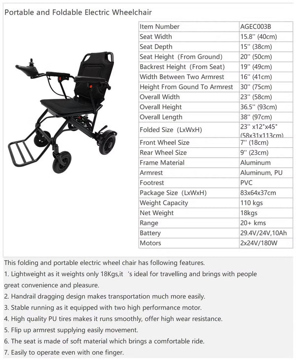 Esleh Lite Electric Wheelchair | Lightweight Aluminium Frame | Easy Folding | Lithium Battery | Suitable for Travel