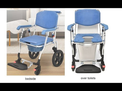 3 in 1 Folding Shower Wheelchair |  Bedside Commode with Pail Soft Cushion Backrest |  Locking Wheels
